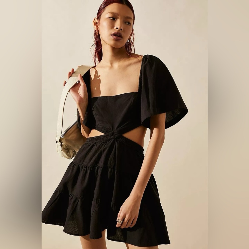 NWT Free People Cross‎ Of Sunlight Mini Dress Cutout Waist  Black linen blnd - Picture 3 of 14